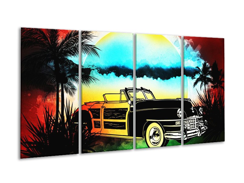 Glas schilderij Oldtimer | Blauw, Geel, Zwart | 160x80cm 4Luik