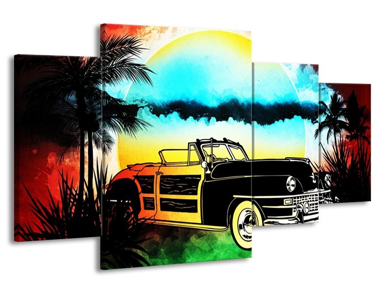 Glas schilderij Oldtimer | Blauw, Geel, Zwart | 160x90cm 4Luik