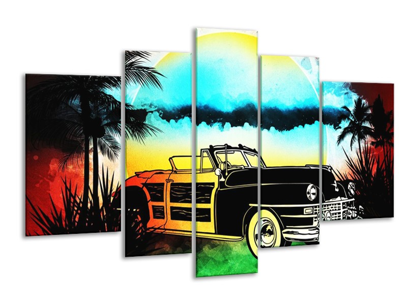 Glas schilderij Oldtimer | Blauw, Geel, Zwart | 170x100cm 5Luik