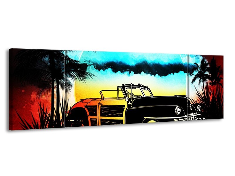 Glas schilderij Oldtimer | Blauw, Geel, Zwart | 170x50cm 3Luik