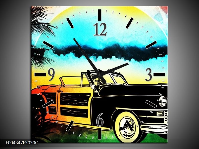Klok schilderij Oldtimer | Blauw, Geel, Zwart | 30x30cm 1Luik
