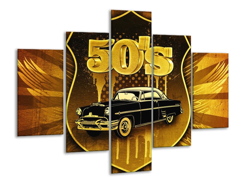 Glas schilderij Oldtimer | Goud, Zwart, Bruin | 100x70cm 5Luik