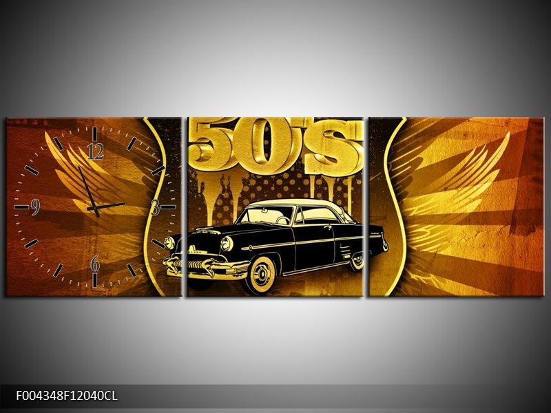 Klok schilderij Oldtimer | Goud, Zwart, Bruin | 120x40cm 3Luik