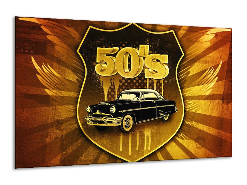 Glas schilderij Oldtimer | Goud, Zwart, Bruin | 120x70cm 1Luik