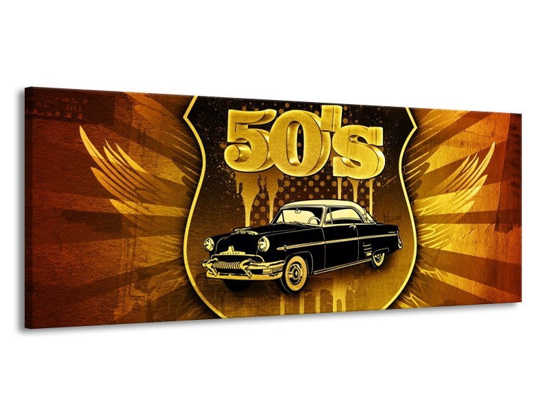 Glas schilderij Oldtimer | Goud, Zwart, Bruin | 145x58cm 1Luik