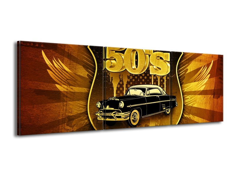 Glas schilderij Oldtimer | Goud, Zwart, Bruin | 150x50cm 3Luik