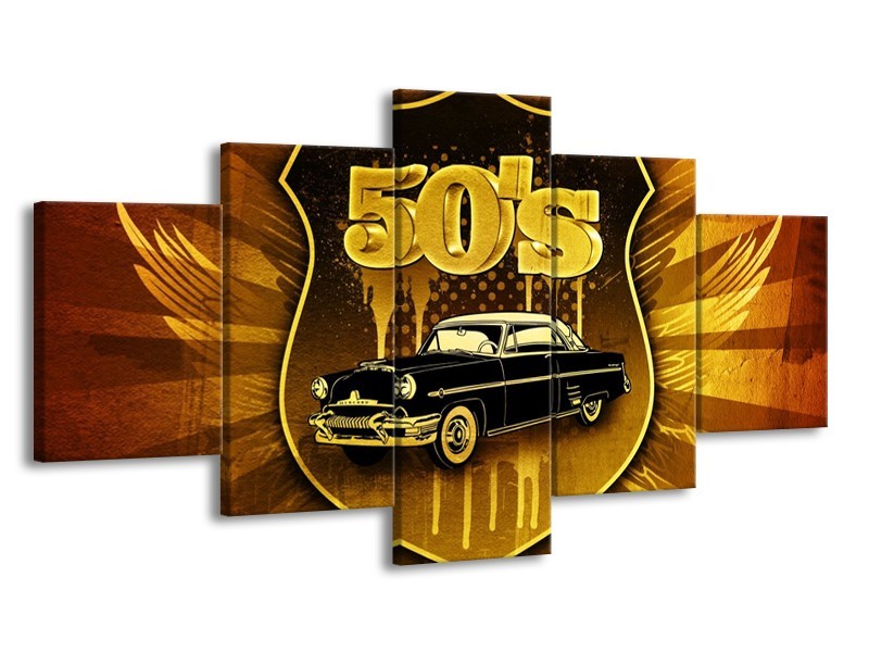 Glas schilderij Oldtimer | Goud, Zwart, Bruin | 150x80cm 5Luik