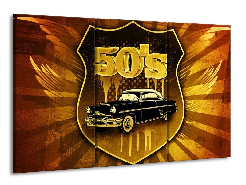 Glas schilderij Oldtimer | Goud, Zwart, Bruin | 165x100cm 3Luik