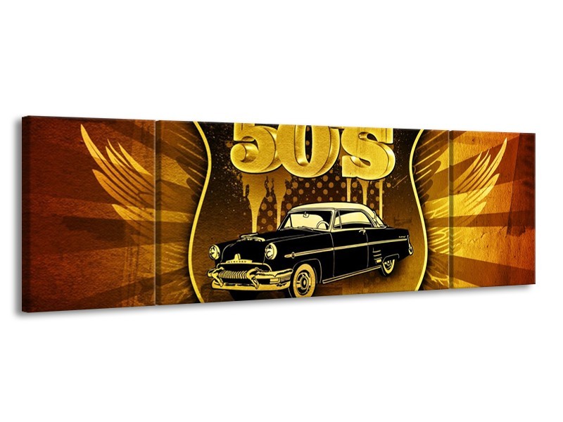 Glas schilderij Oldtimer | Goud, Zwart, Bruin | 170x50cm 3Luik