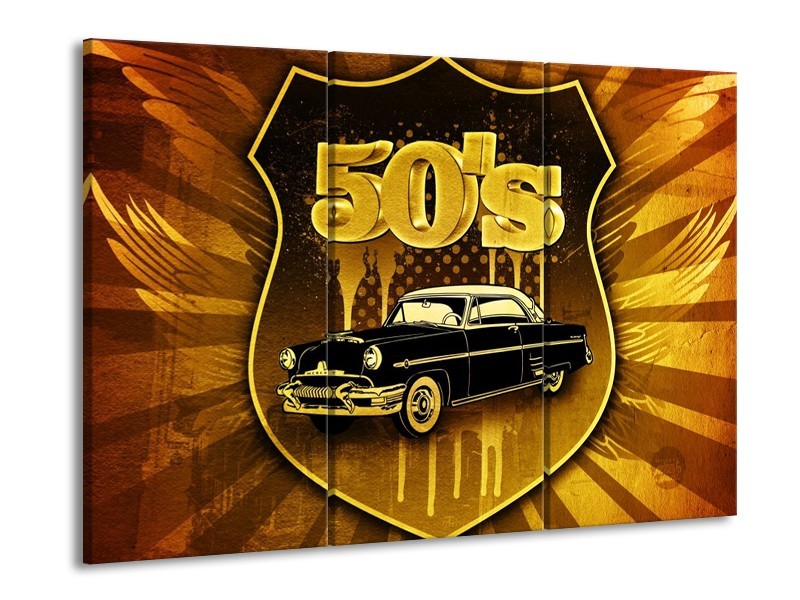 Glas schilderij Oldtimer | Goud, Zwart, Bruin | 90x60cm 3Luik