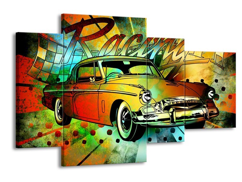 Glas schilderij Oldtimer | Groen, Geel, Rood | 120x75cm 4Luik