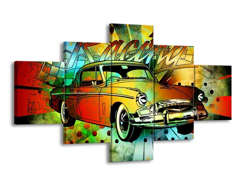 Glas schilderij Oldtimer | Groen, Geel, Rood | 125x70cm 5Luik