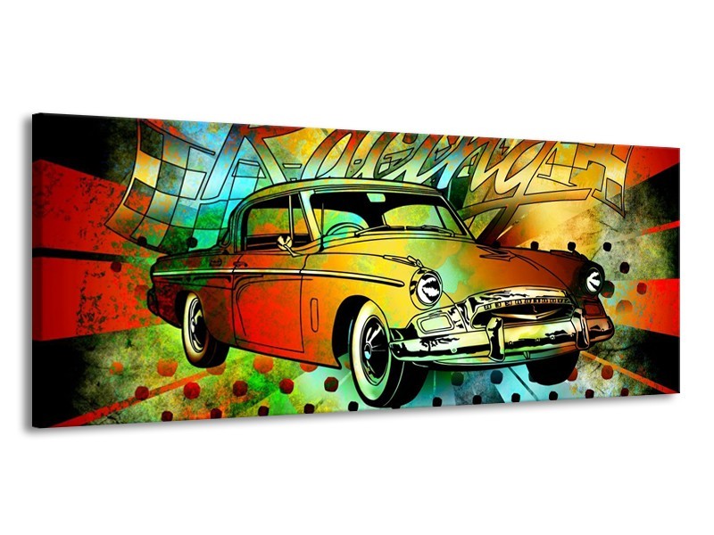 Glas schilderij Oldtimer | Groen, Geel, Rood | 145x58cm 1Luik