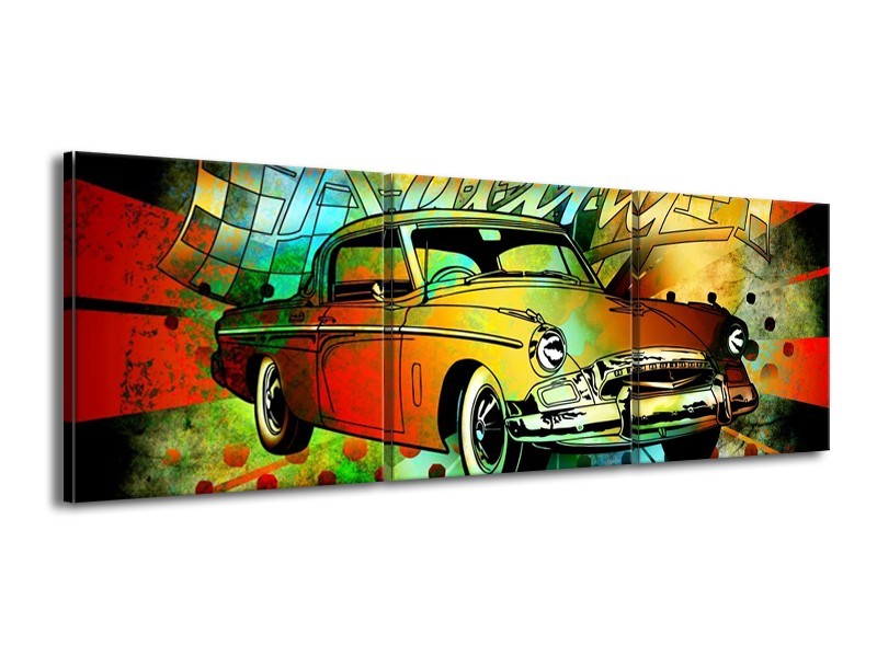 Glas schilderij Oldtimer | Groen, Geel, Rood | 150x50cm 3Luik