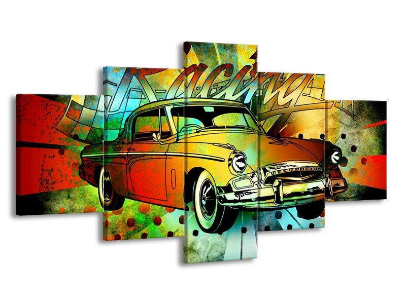Glas schilderij Oldtimer | Groen, Geel, Rood | 150x80cm 5Luik