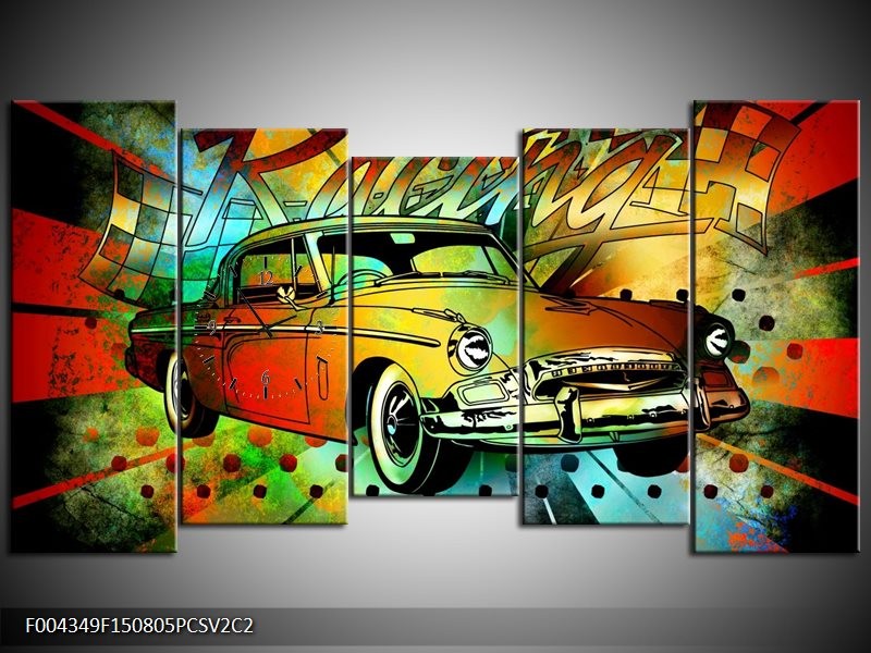 Klok schilderij Oldtimer | Groen, Geel, Rood | 150x80cm 5Luik