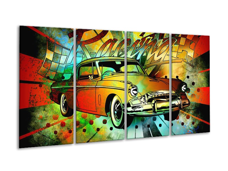 Glas schilderij Oldtimer | Groen, Geel, Rood | 160x80cm 4Luik