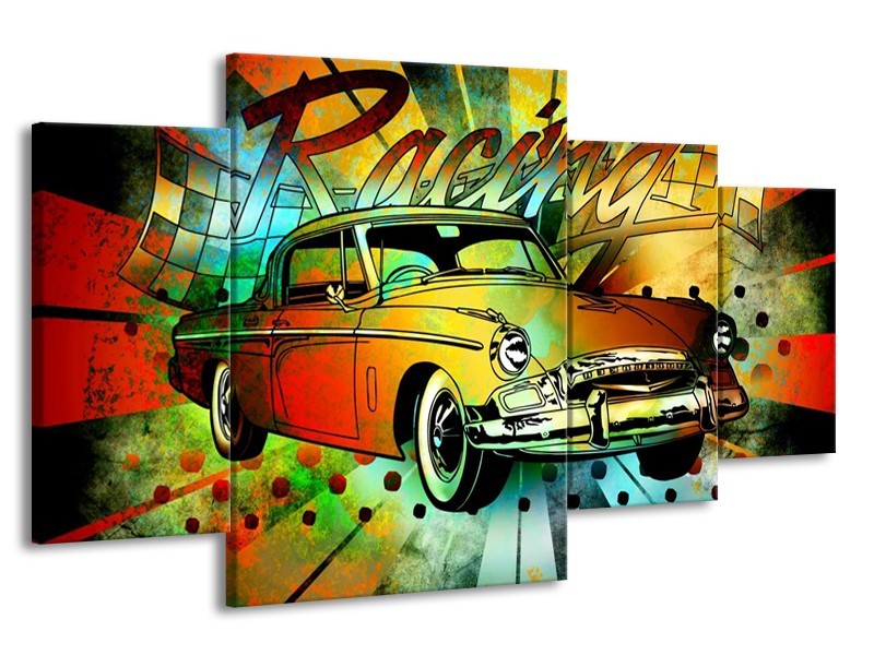 Glas schilderij Oldtimer | Groen, Geel, Rood | 160x90cm 4Luik
