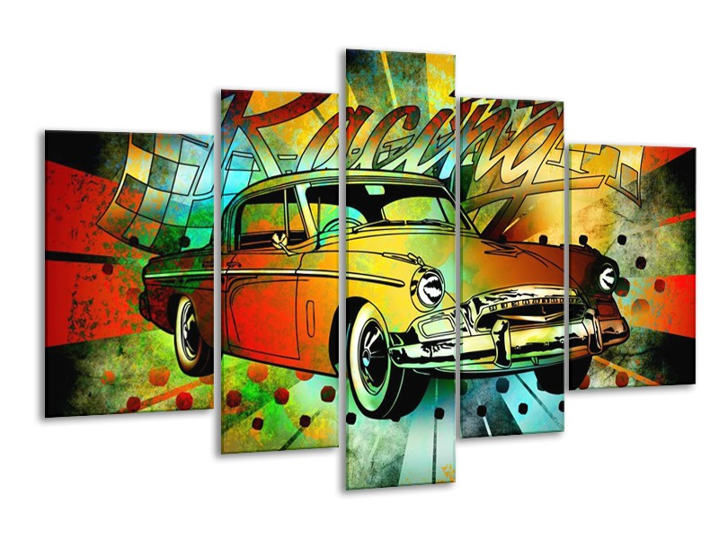 Glas schilderij Oldtimer | Groen, Geel, Rood | 170x100cm 5Luik