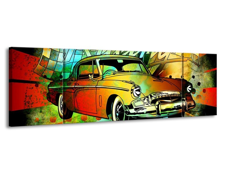 Glas schilderij Oldtimer | Groen, Geel, Rood | 170x50cm 3Luik