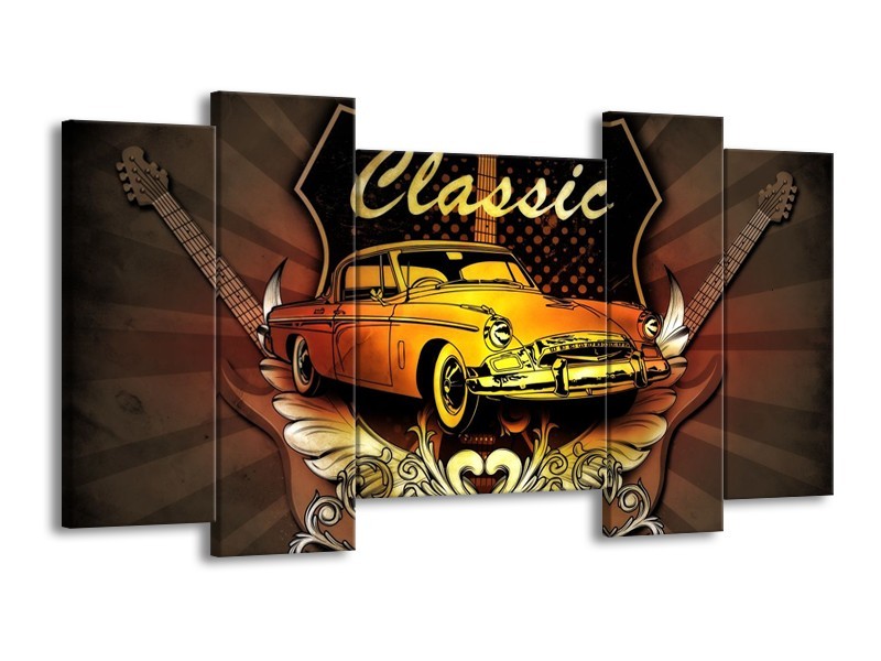Glas schilderij Oldtimer | Geel, Bruin, Oranje | 120x65cm 5Luik
