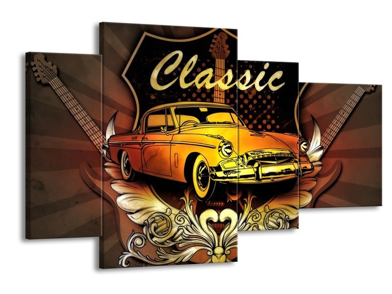 Glas schilderij Oldtimer | Geel, Bruin, Oranje | 120x75cm 4Luik