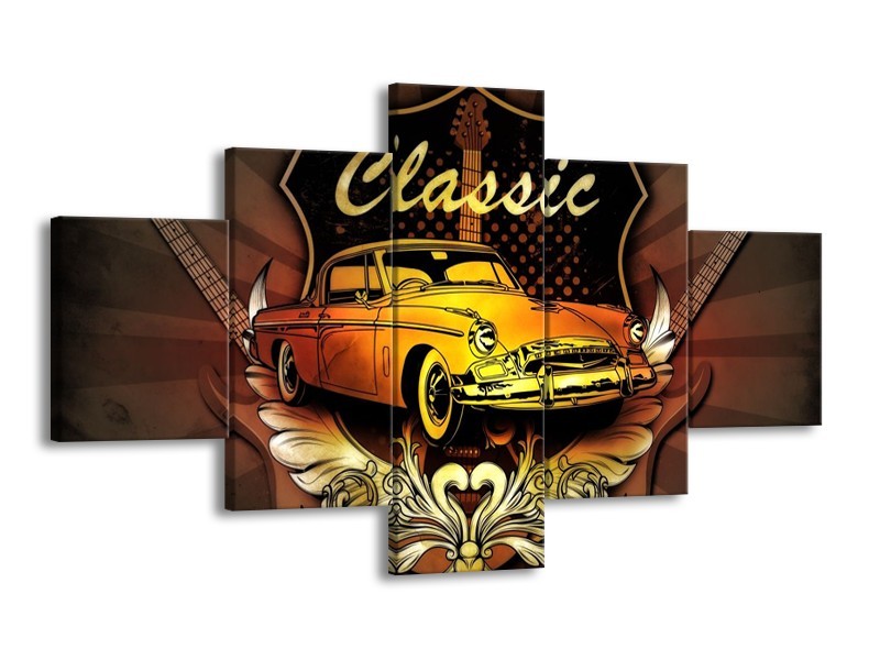 Glas schilderij Oldtimer | Geel, Bruin, Oranje | 125x70cm 5Luik