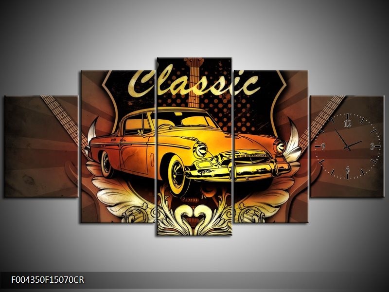 Klok schilderij Oldtimer | Geel, Bruin, Oranje | 150x70cm 5Luik