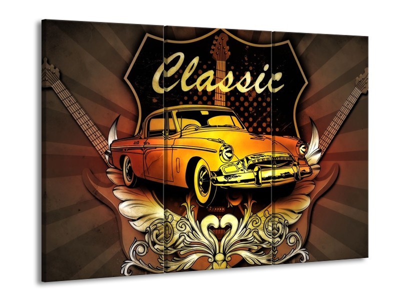 Glas schilderij Oldtimer | Geel, Bruin, Oranje | 90x60cm 3Luik