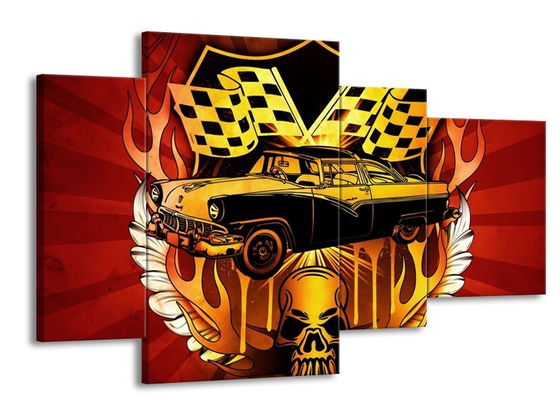 Glas schilderij Oldtimer | Geel, Rood, Zwart | 120x75cm 4Luik