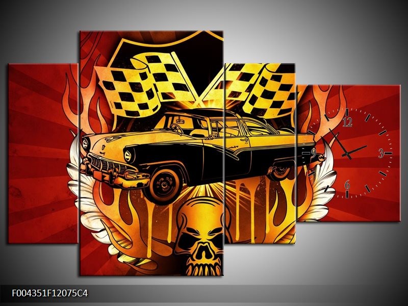 Klok schilderij Oldtimer | Geel, Rood, Zwart | 120x75cm 4Luik