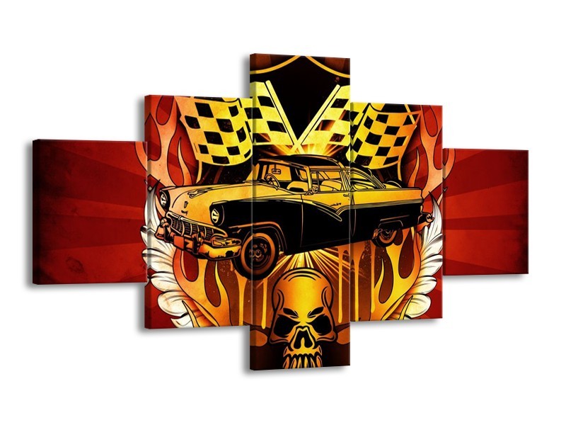 Glas schilderij Oldtimer | Geel, Rood, Zwart | 125x70cm 5Luik