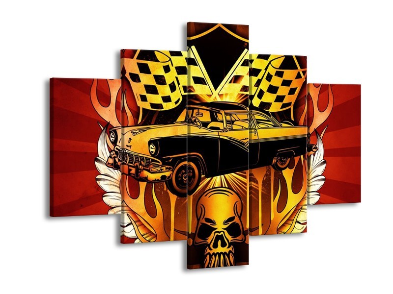 Glas schilderij Oldtimer | Geel, Rood, Zwart | 150x105cm 5Luik