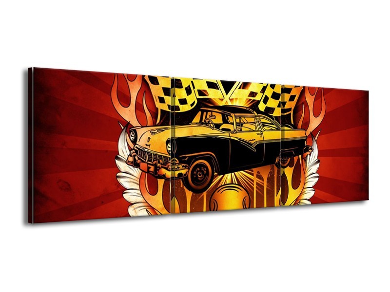 Glas schilderij Oldtimer | Geel, Rood, Zwart | 150x50cm 3Luik