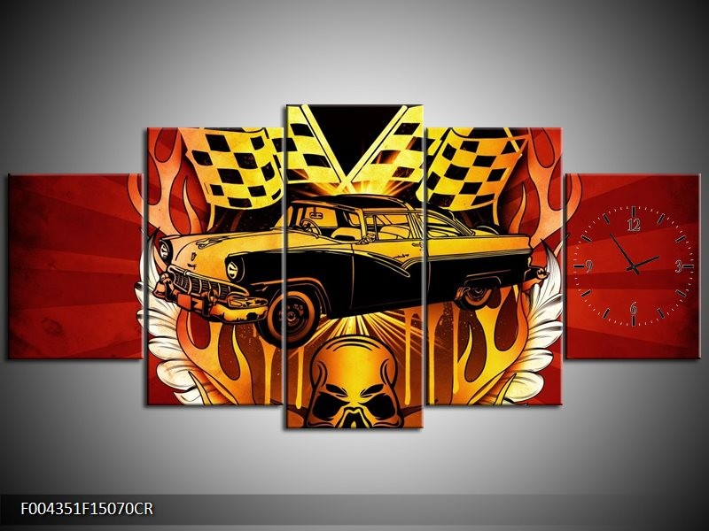 Klok schilderij Oldtimer | Geel, Rood, Zwart | 150x70cm 5Luik