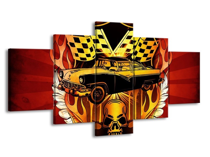 Glas schilderij Oldtimer | Geel, Rood, Zwart | 150x80cm 5Luik