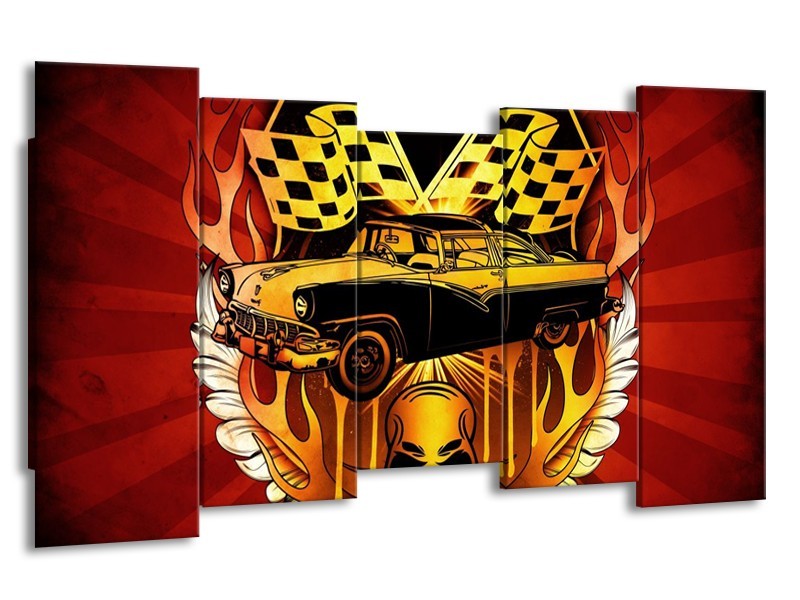 Glas schilderij Oldtimer | Geel, Rood, Zwart | 150x80cm 5Luik