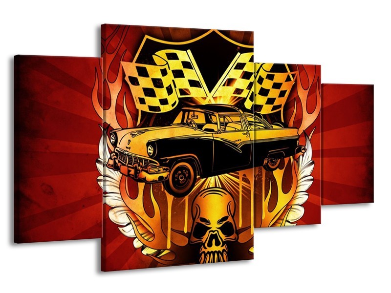 Glas schilderij Oldtimer | Geel, Rood, Zwart | 160x90cm 4Luik