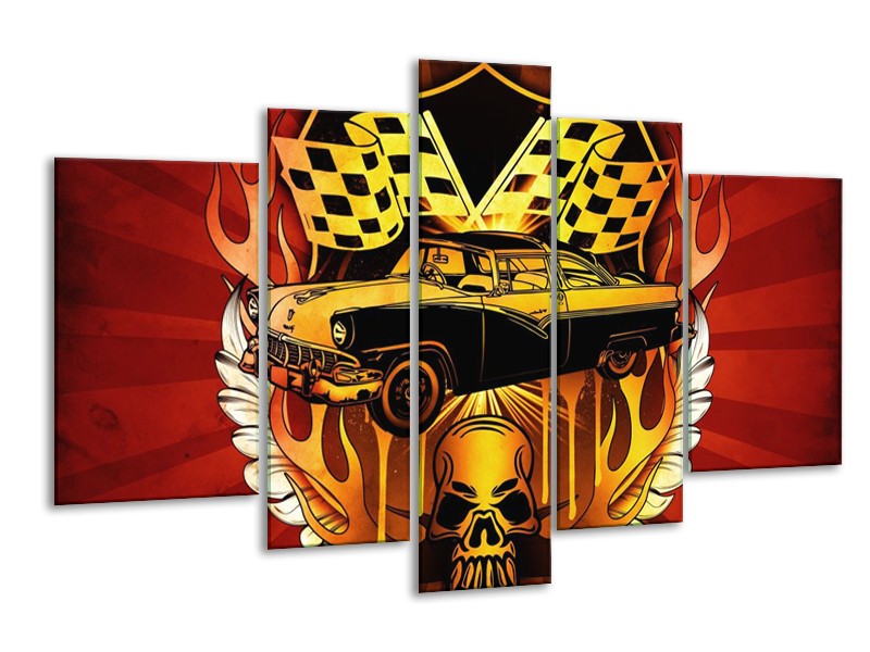 Glas schilderij Oldtimer | Geel, Rood, Zwart | 170x100cm 5Luik