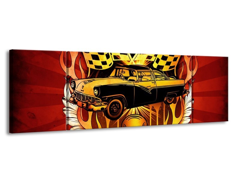 Glas schilderij Oldtimer | Geel, Rood, Zwart | 170x50cm 3Luik