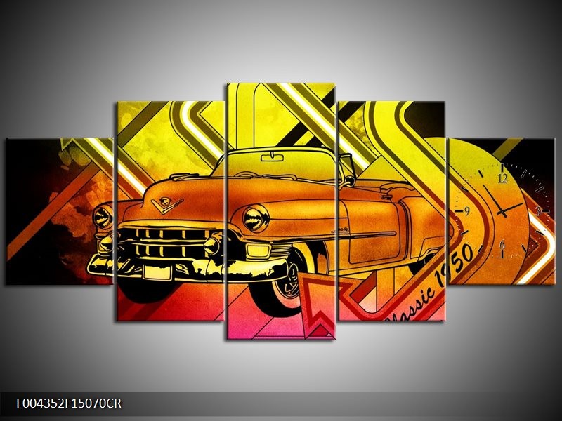 Klok schilderij Oldtimer | Geel, Rood, Roze | 150x70cm 5Luik