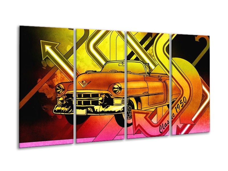 Glas schilderij Oldtimer | Geel, Rood, Roze | 160x80cm 4Luik