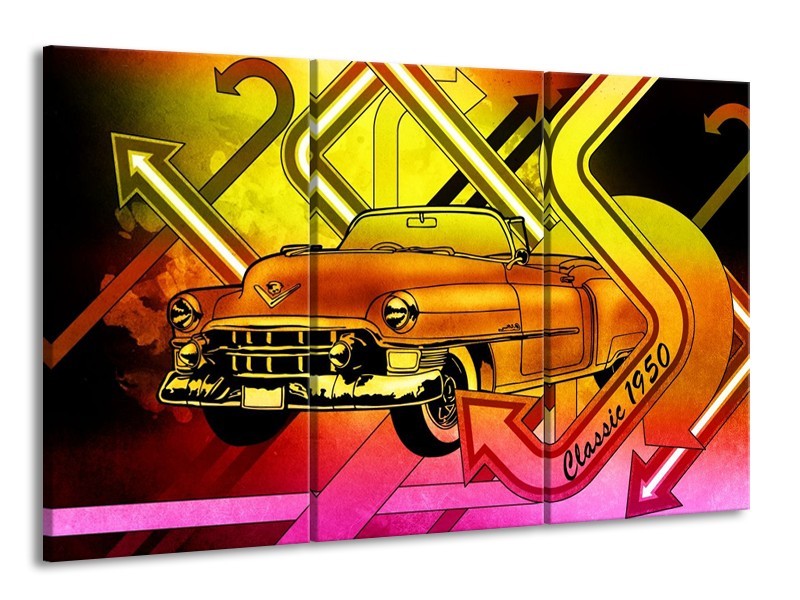 Glas schilderij Oldtimer | Geel, Rood, Roze | 165x100cm 3Luik