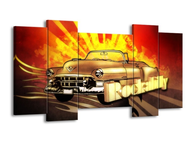 Glas schilderij Oldtimer | Geel, Rood, Zwart | 120x65cm 5Luik