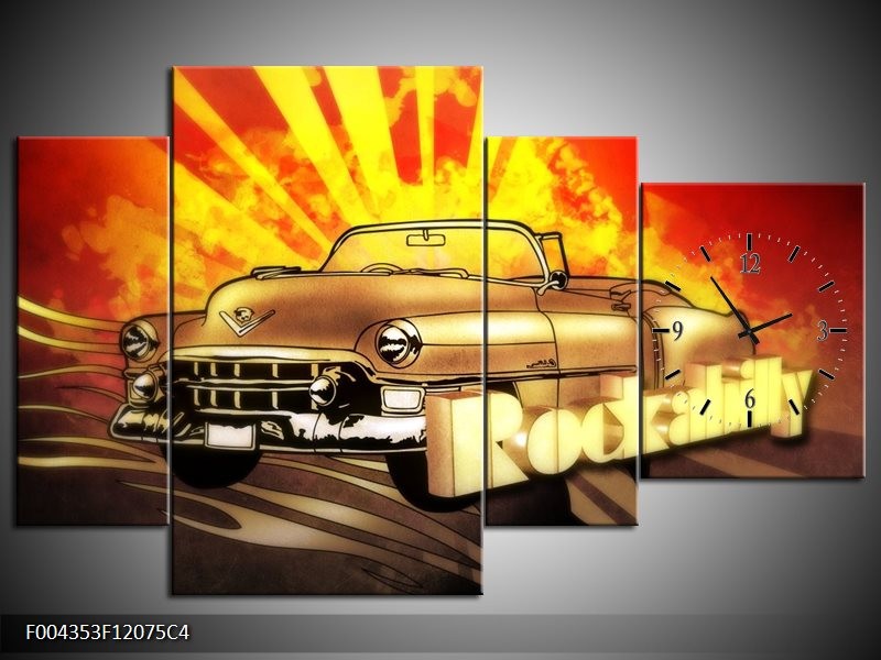 Klok schilderij Oldtimer | Geel, Rood, Zwart | 120x75cm 4Luik