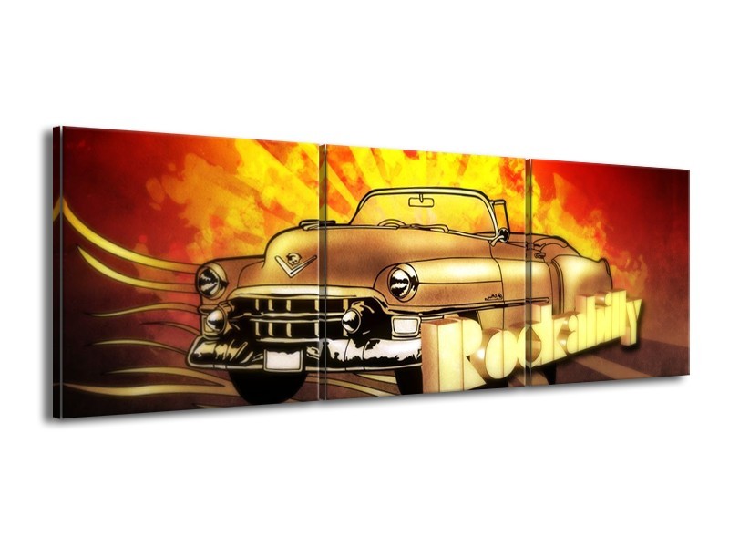 Glas schilderij Oldtimer | Geel, Rood, Zwart | 150x50cm 3Luik