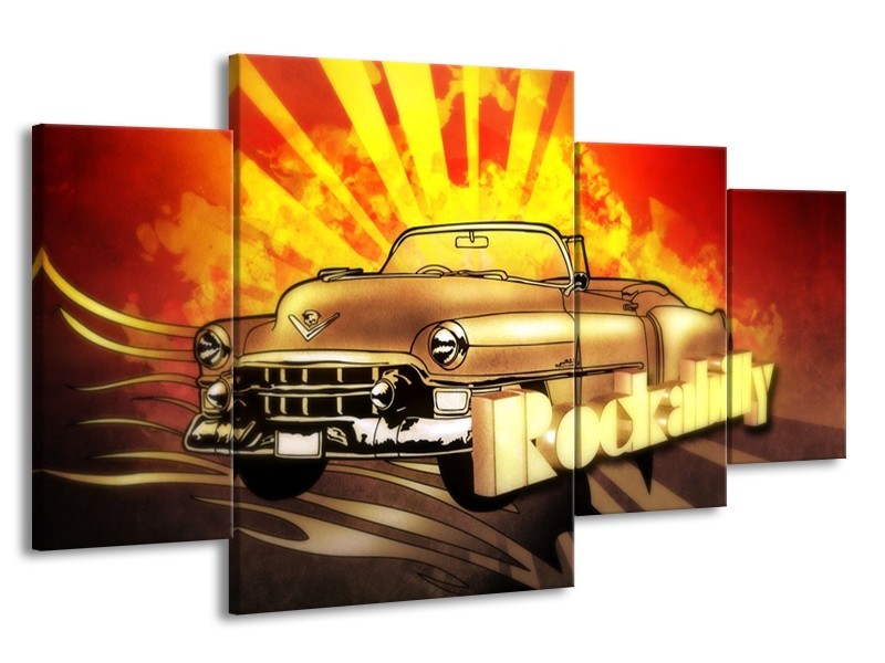 Glas schilderij Oldtimer | Geel, Rood, Zwart | 160x90cm 4Luik