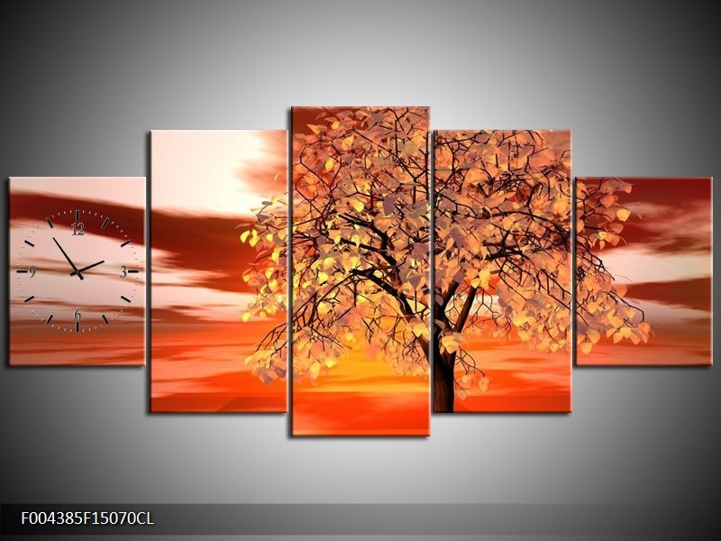 Klok schilderij Boom | Geel, Rood, Zwart | 150x70cm 5Luik