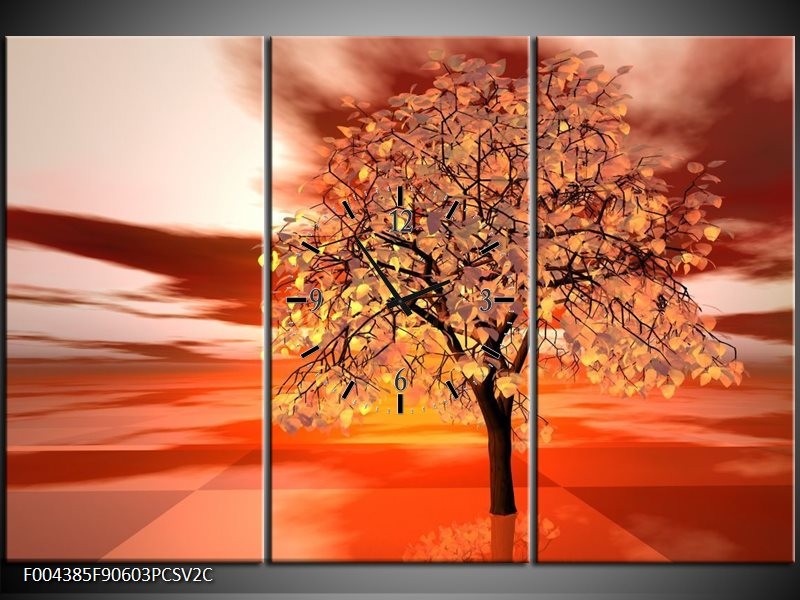 Klok schilderij Boom | Geel, Rood, Zwart | 90x60cm 3Luik