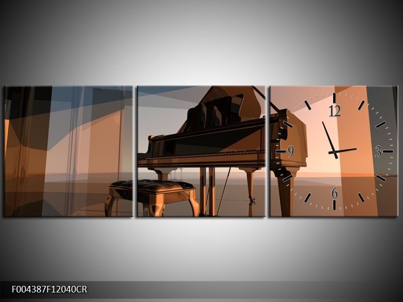 Klok schilderij Piano | Bruin, Grijs | 120x40cm 3Luik